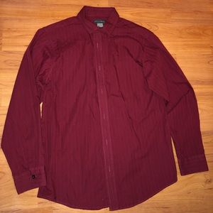 A maroon button down Dockers shirt.